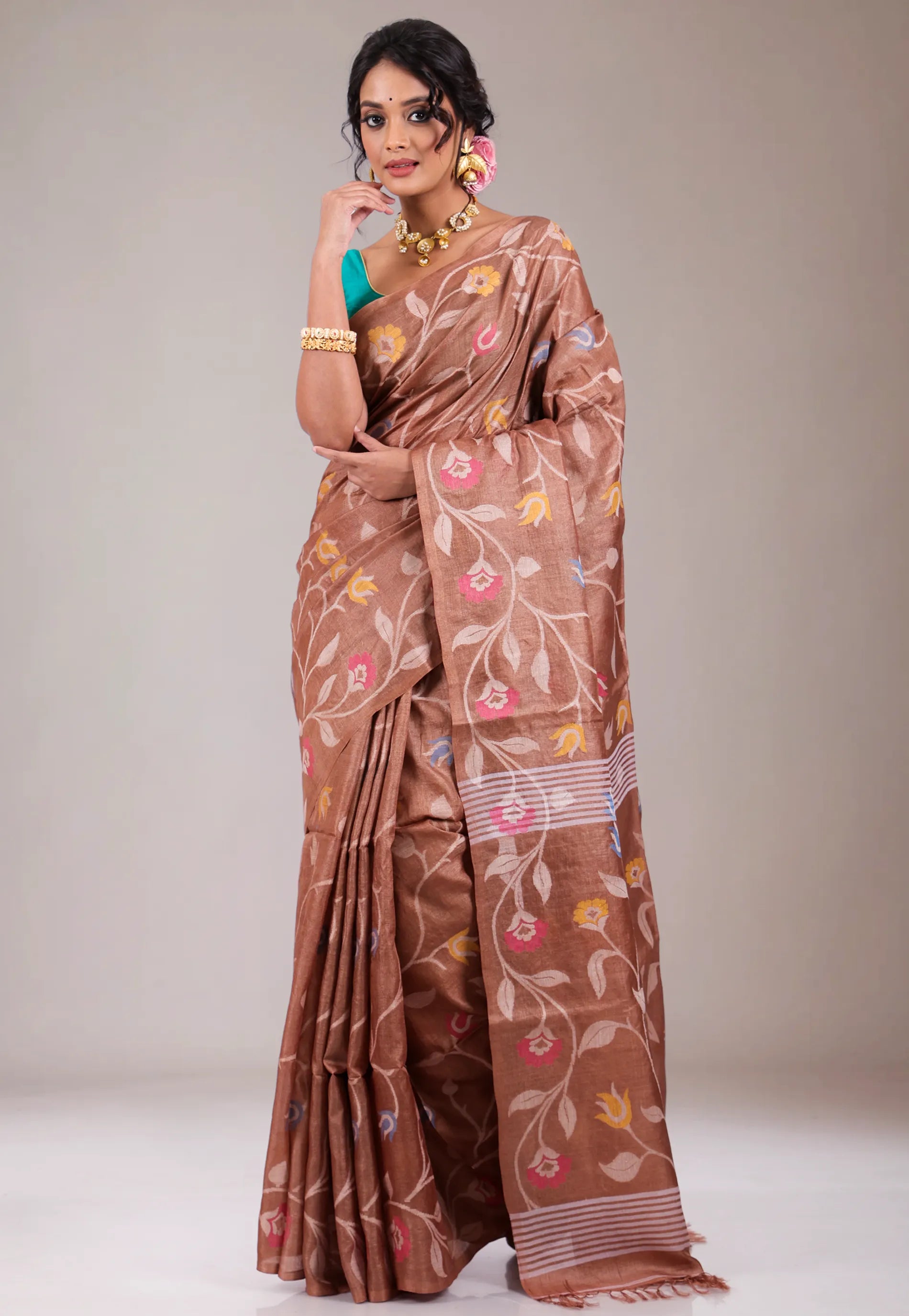 Brown Pure Tussar Dhakai Jamdani Saree with Blouse Piece - Adi Akshoy & Co.