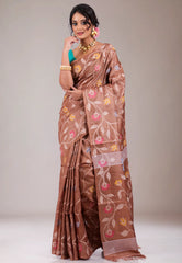 Brown Pure Tussar Dhakai Jamdani Saree with Blouse Piece - Adi Akshoy & Co.