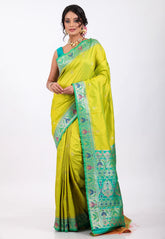 Parrot Green with Sea Green Border Kanjivaram Silk Saree With Blouse Piece - Adi Akshoy & Co.