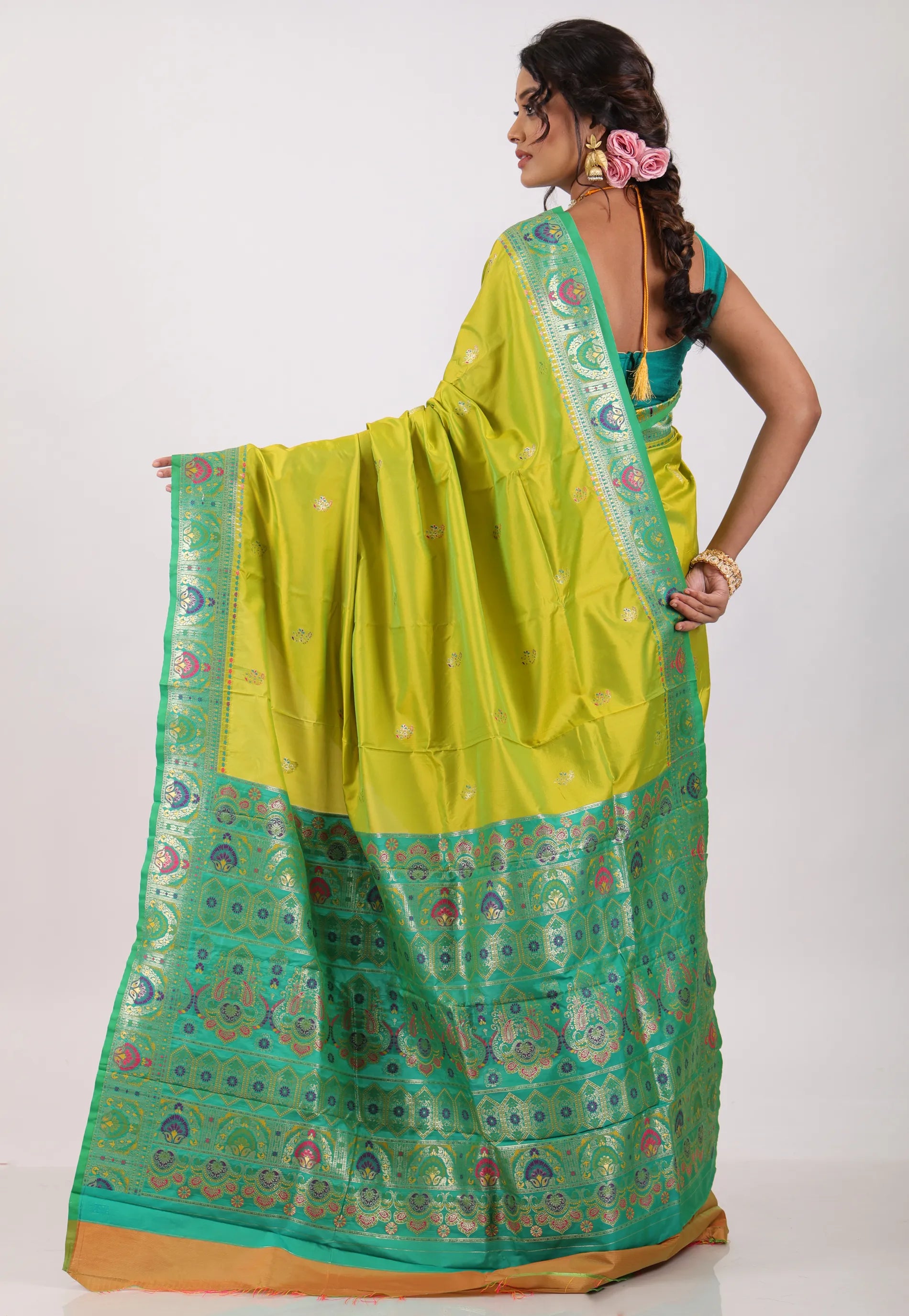 Parrot Green with Sea Green Border Kanjivaram Silk Saree With Blouse Piece - Adi Akshoy & Co.