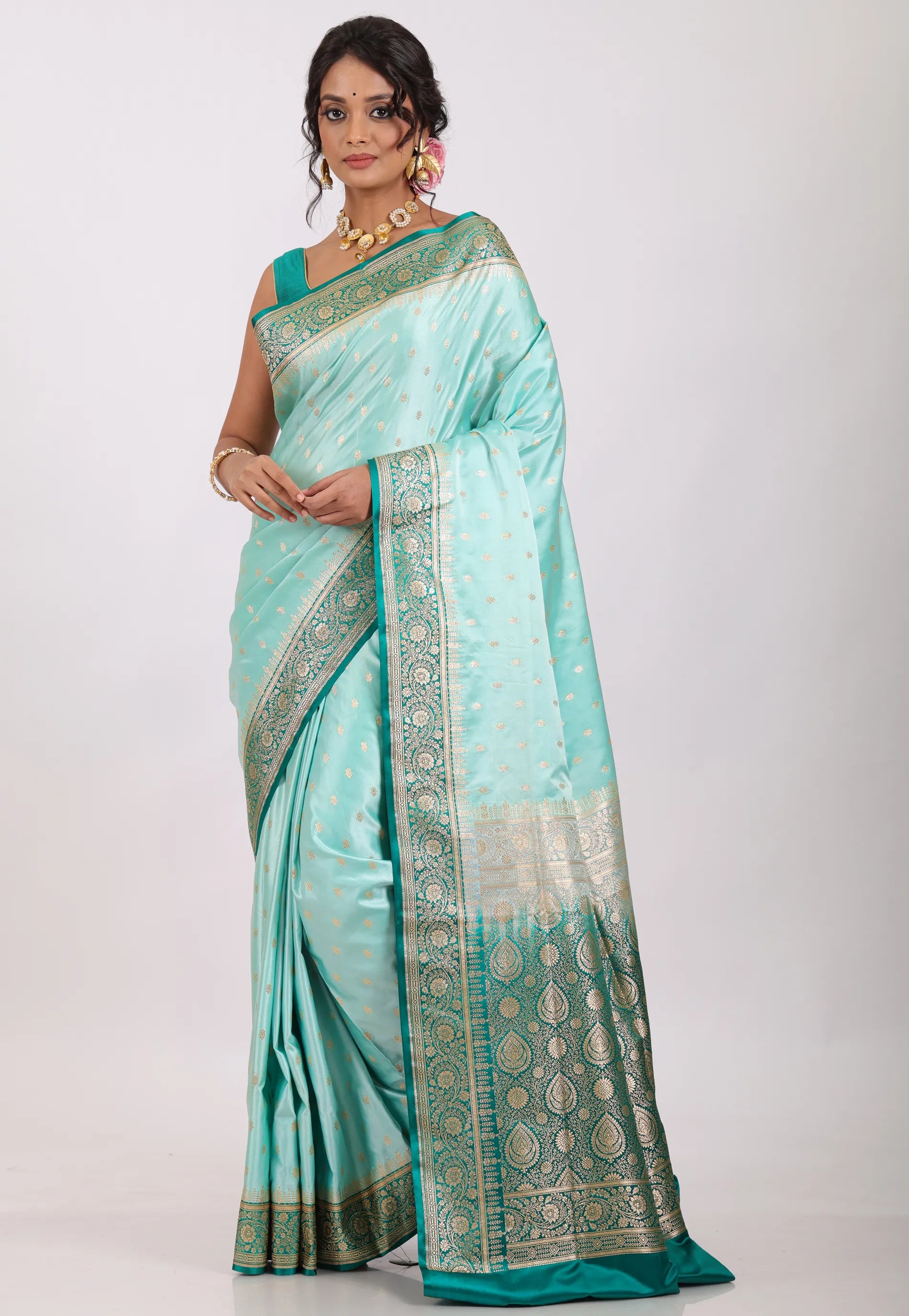 Sky Blue with Zari work Pastel Banarasi Saree With Blouse Piece - Adi Akshoy & Co.