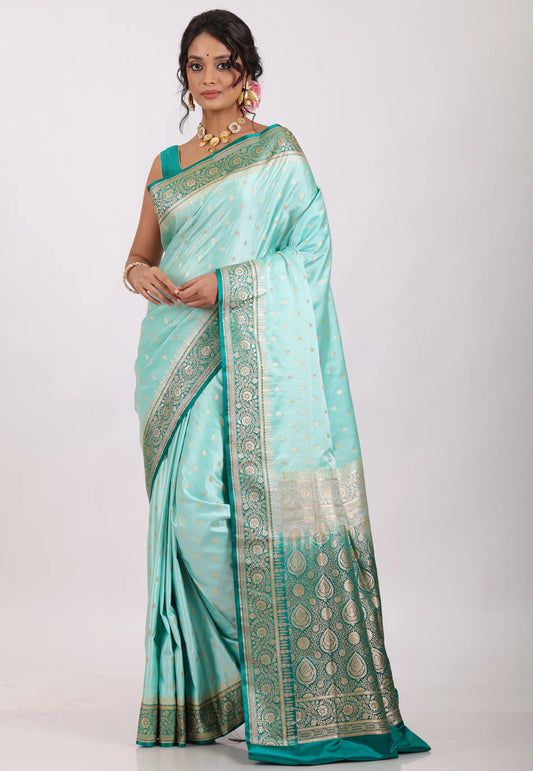 Sky Blue with Zari work Pastel Banarasi Saree With Blouse Piece - Adi Akshoy & Co.