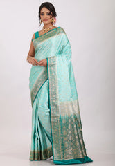 Sky Blue with Zari work Pastel Banarasi Saree With Blouse Piece - Adi Akshoy & Co.