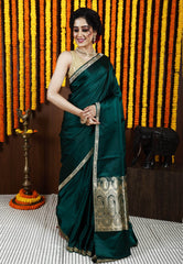 Bottle Green Kadwa Pure Silk Banarasi Saree with Blouse Piece - Adi Akshoy & Co.