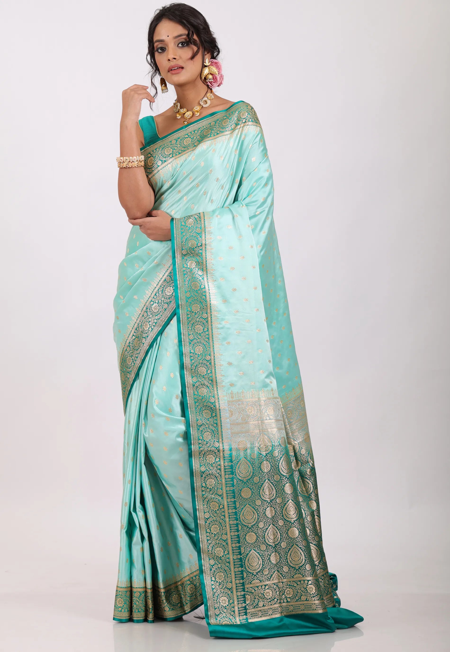 Sky Blue with Zari work Pastel Banarasi Saree With Blouse Piece - Adi Akshoy & Co.