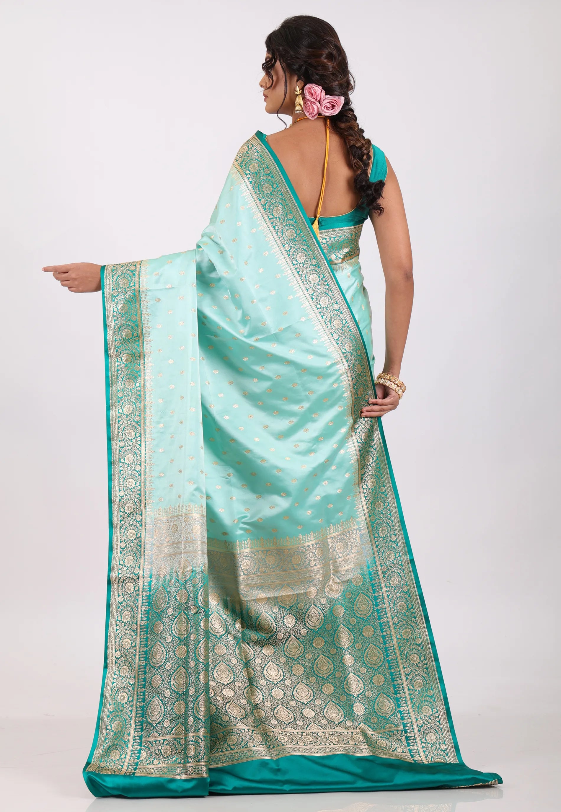 Sky Blue with Zari work Pastel Banarasi Saree With Blouse Piece - Adi Akshoy & Co.