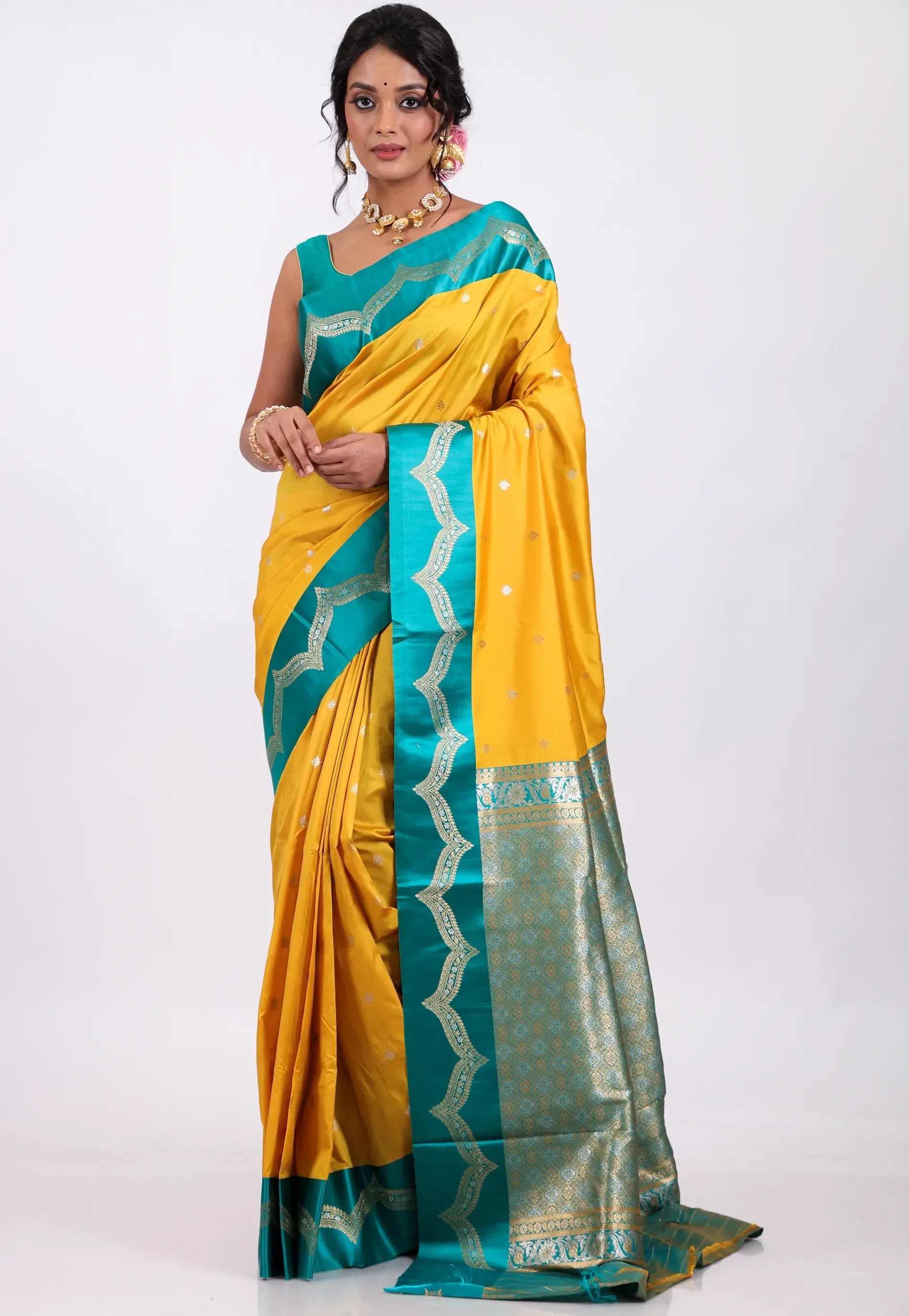 Yellow with Rama Green Border Kanjivaram Silk Saree With Blouse Piece - Adi Akshoy & Co.