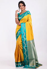 Yellow with Rama Green Border Kanjivaram Silk Saree With Blouse Piece - Adi Akshoy & Co.