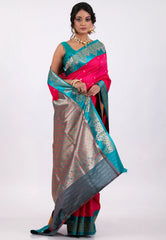 Rani Pink with Rama Green Border Kanjivaram Silk Saree With Blouse Piece - Adi Akshoy & Co.
