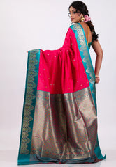 Rani Pink with Rama Green Border Kanjivaram Silk Saree With Blouse Piece - Adi Akshoy & Co.