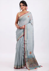 Grey Colour Handwoven Kantha Silk Saree With Blouse Piece - Adi Akshoy & Co.