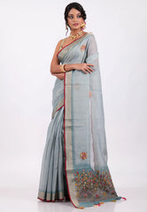 Grey Colour Handwoven Kantha Silk Saree With Blouse Piece - Adi Akshoy & Co.