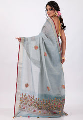 Grey Colour Handwoven Kantha Silk Saree With Blouse Piece - Adi Akshoy & Co.