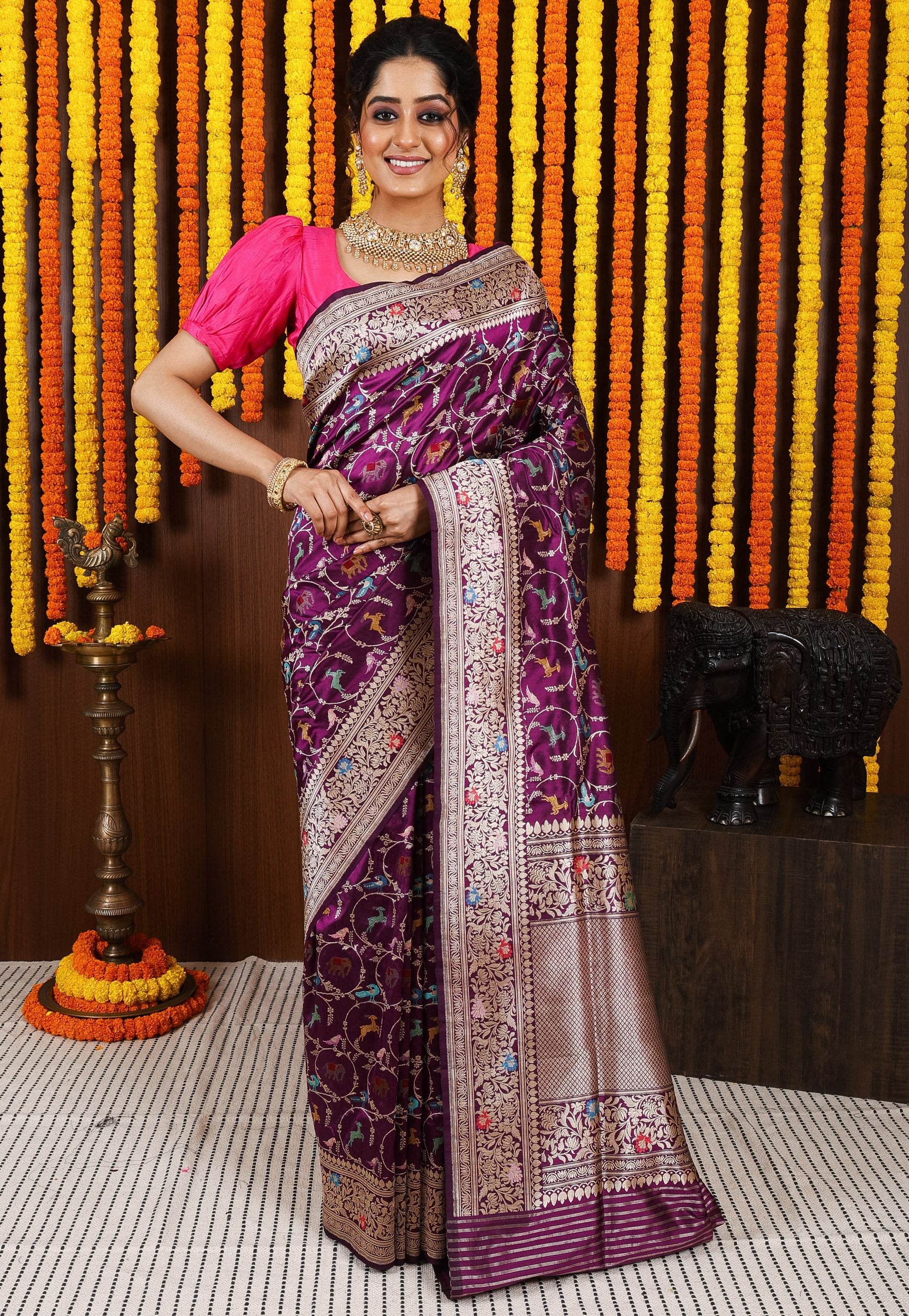 Purple Minakari Kadwa Pure Silk Banarasi Saree with Blouse Piece - Adi Akshoy & Co.