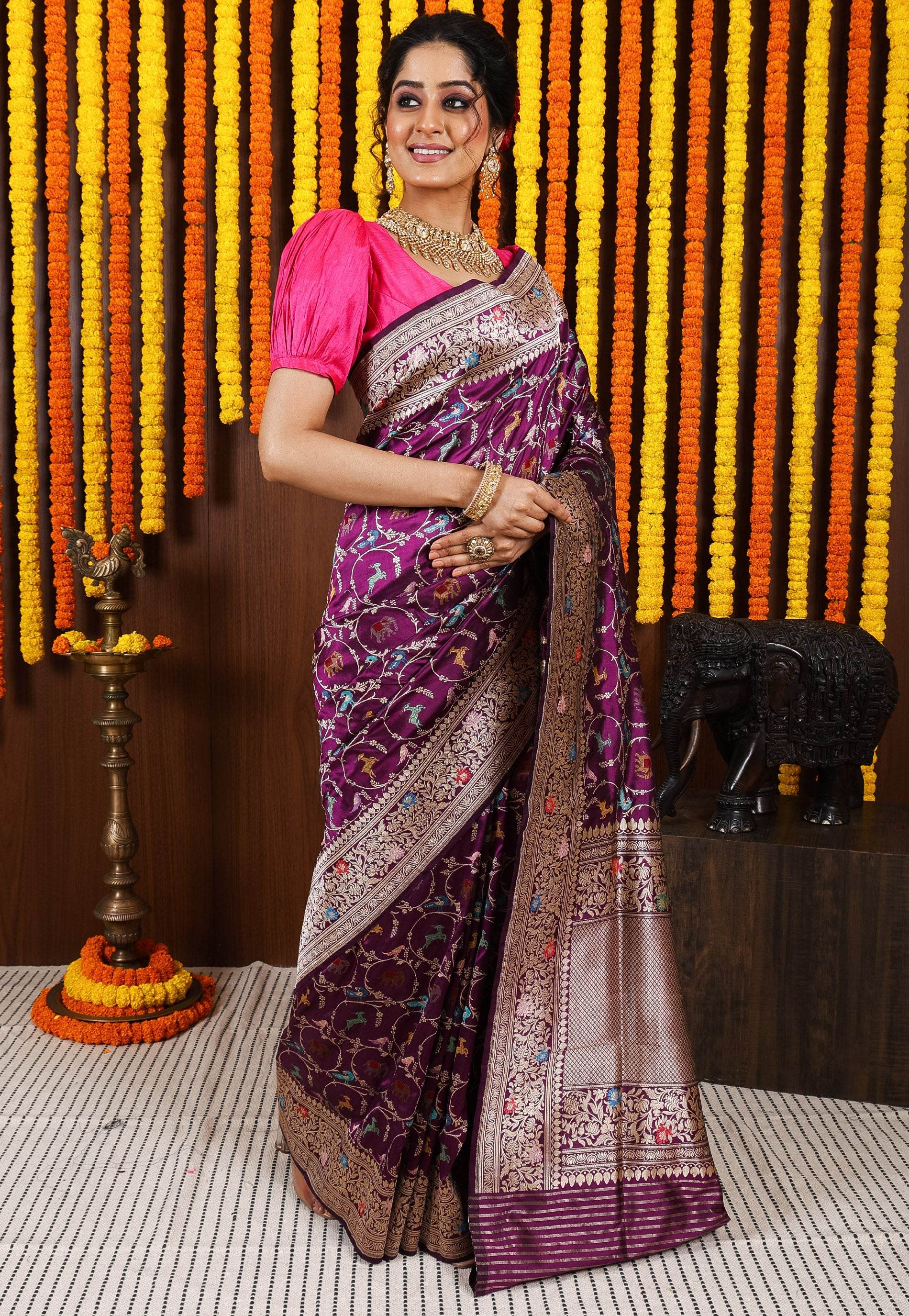 Purple Minakari Kadwa Pure Silk Banarasi Saree with Blouse Piece - Adi Akshoy & Co.