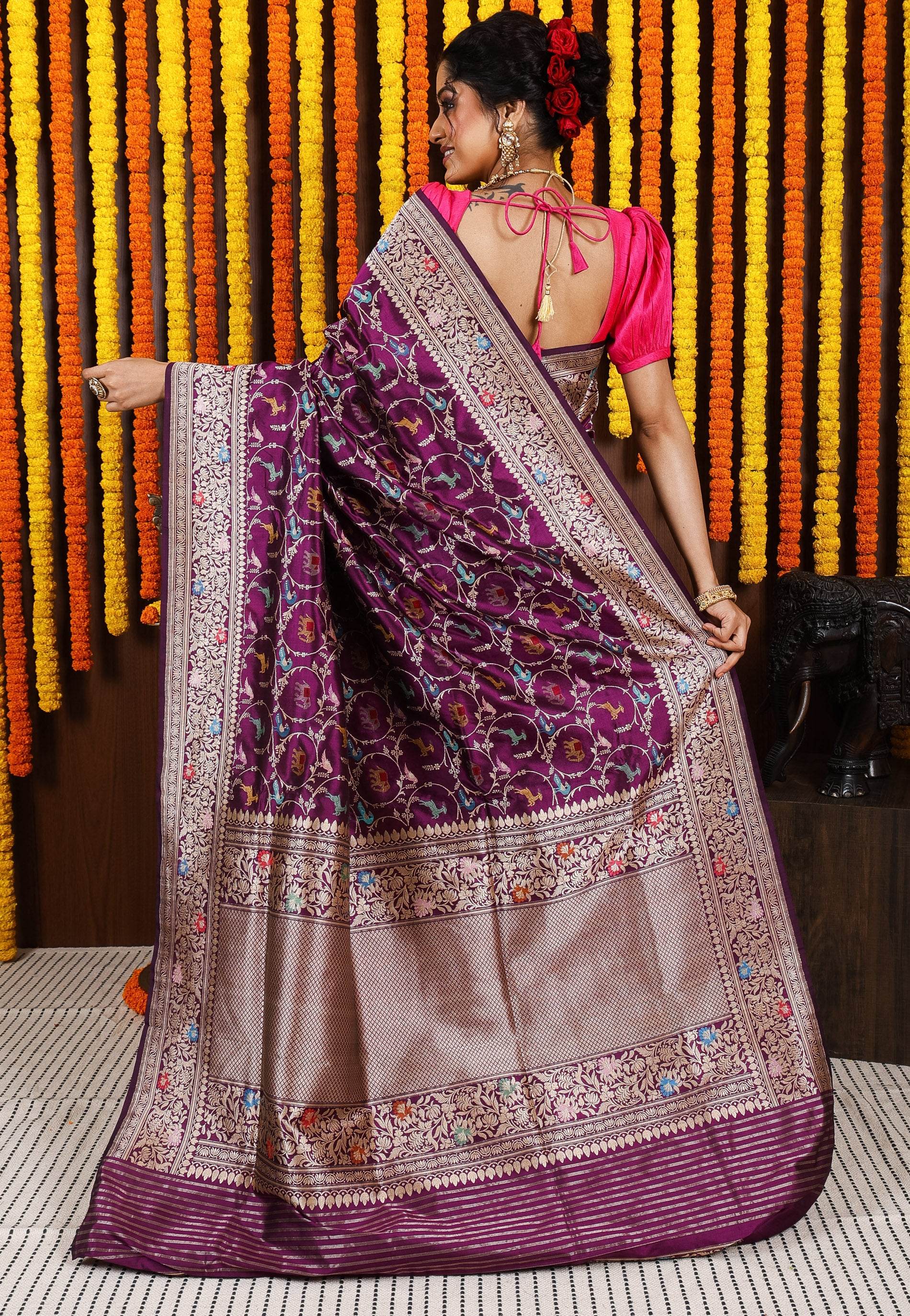 Purple Minakari Kadwa Pure Silk Banarasi Saree with Blouse Piece - Adi Akshoy & Co.
