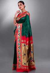 Bottle Green Paithani Silk Saree With Blouse Piece - Adi Akshoy & Co.