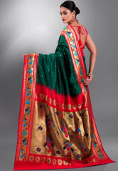 Bottle Green Paithani Silk Saree With Blouse Piece - Adi Akshoy & Co.