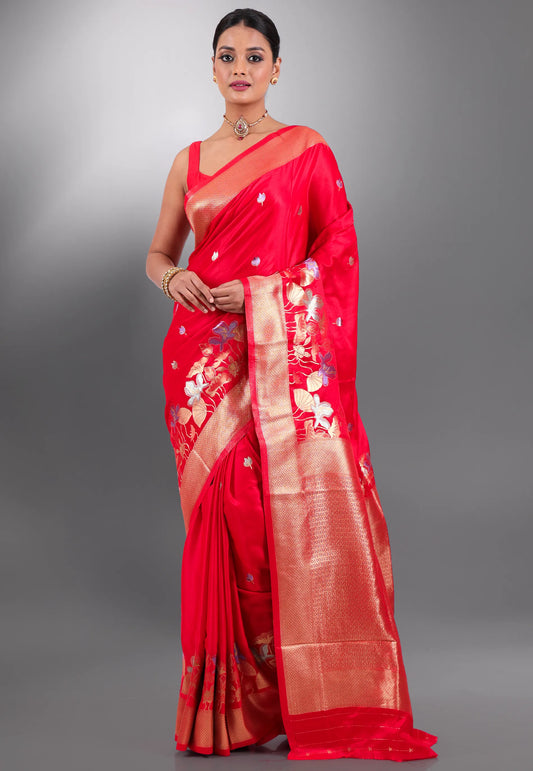 Red Floral Digital Print Mashru Silk Saree with Blouse Piece - Adi Akshoy & Co.