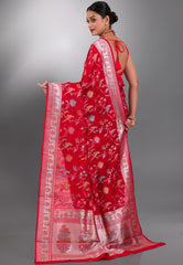 Red Tussar Silk Saree with Blouse Piece - Adi Akshoy & Co.