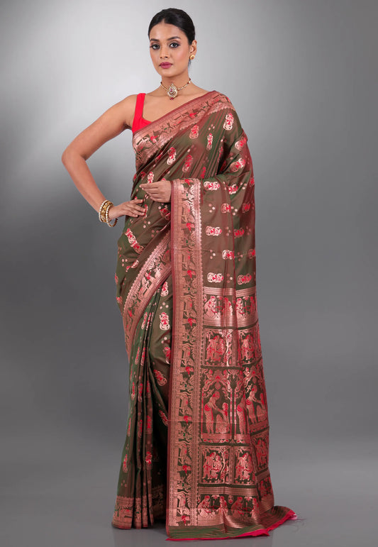 Dual Shades of Maroon Baluchari Silk Saree with Blouse Piece - Adi Akshoy & Co.