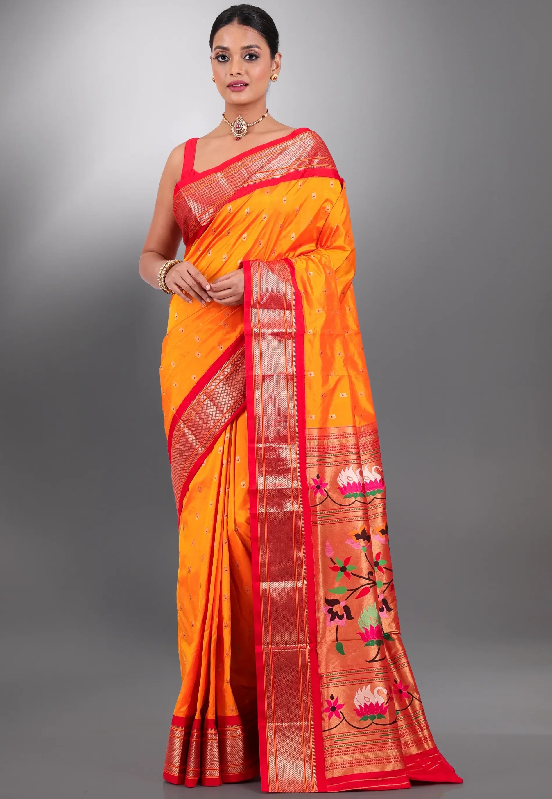 Yellow with Red Border Pure Paithani Silk Saree With Blouse Piece - Adi Akshoy & Co.