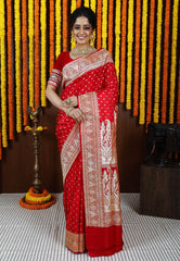 Red Wedding Banarasi Silk Saree with Blouse Piece - Adi Akshoy & Co.