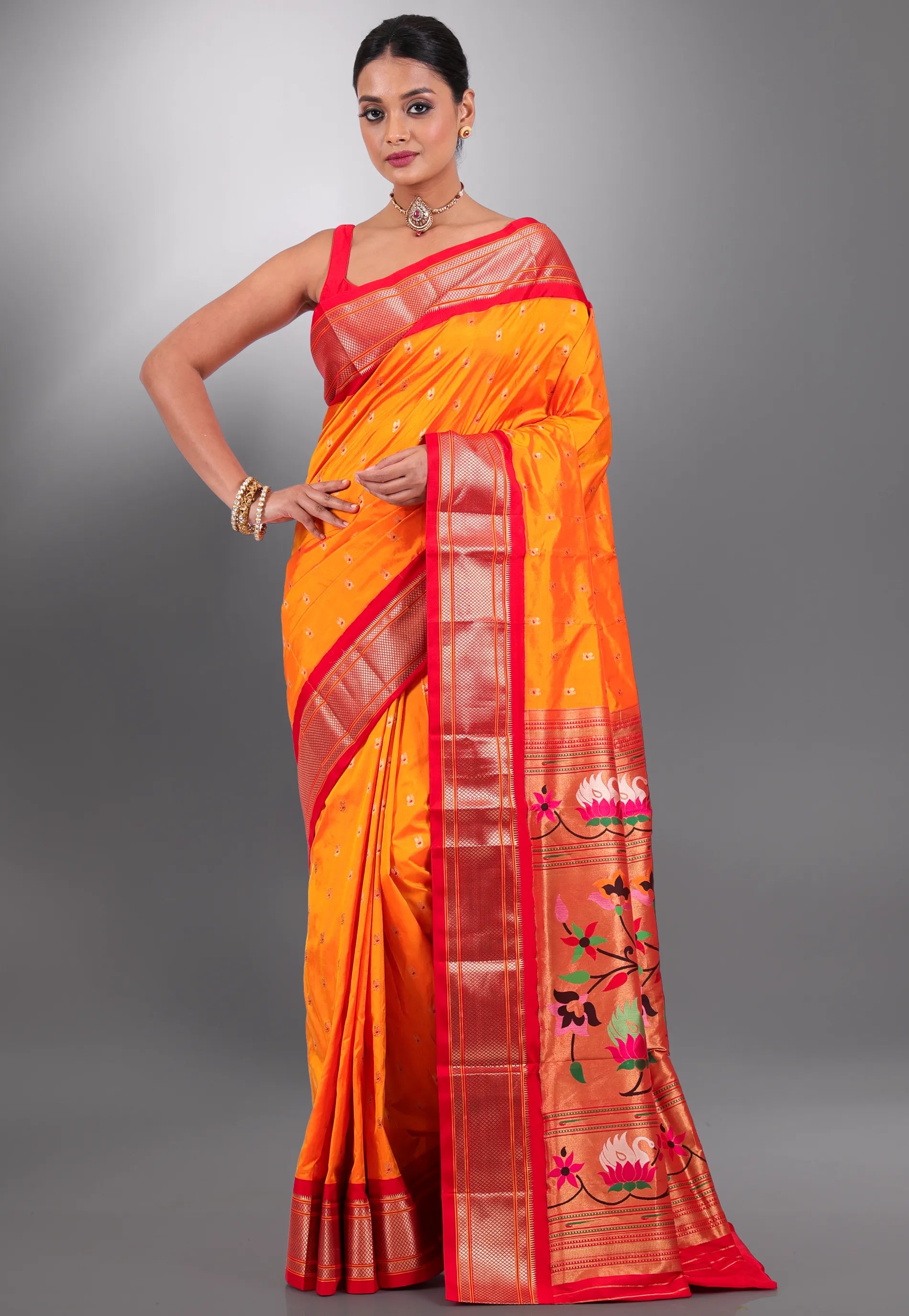 Yellow with Red Border Pure Paithani Silk Saree With Blouse Piece - Adi Akshoy & Co.