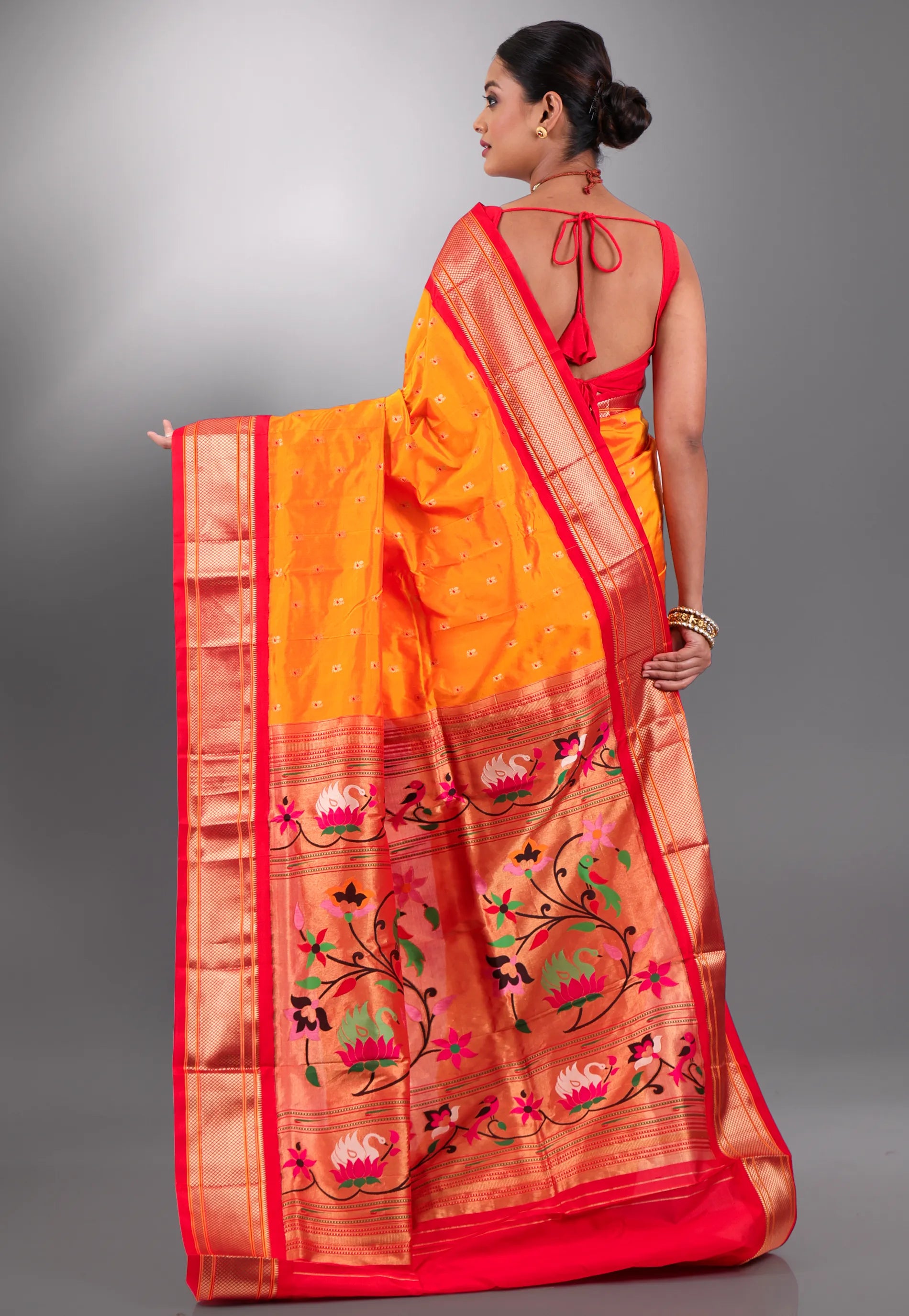 Yellow with Red Border Pure Paithani Silk Saree With Blouse Piece - Adi Akshoy & Co.