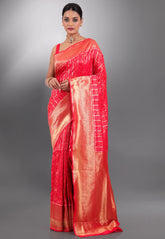 Red with Zari work Kanjivaram Silk Saree With Blouse Piece - Adi Akshoy & Co.