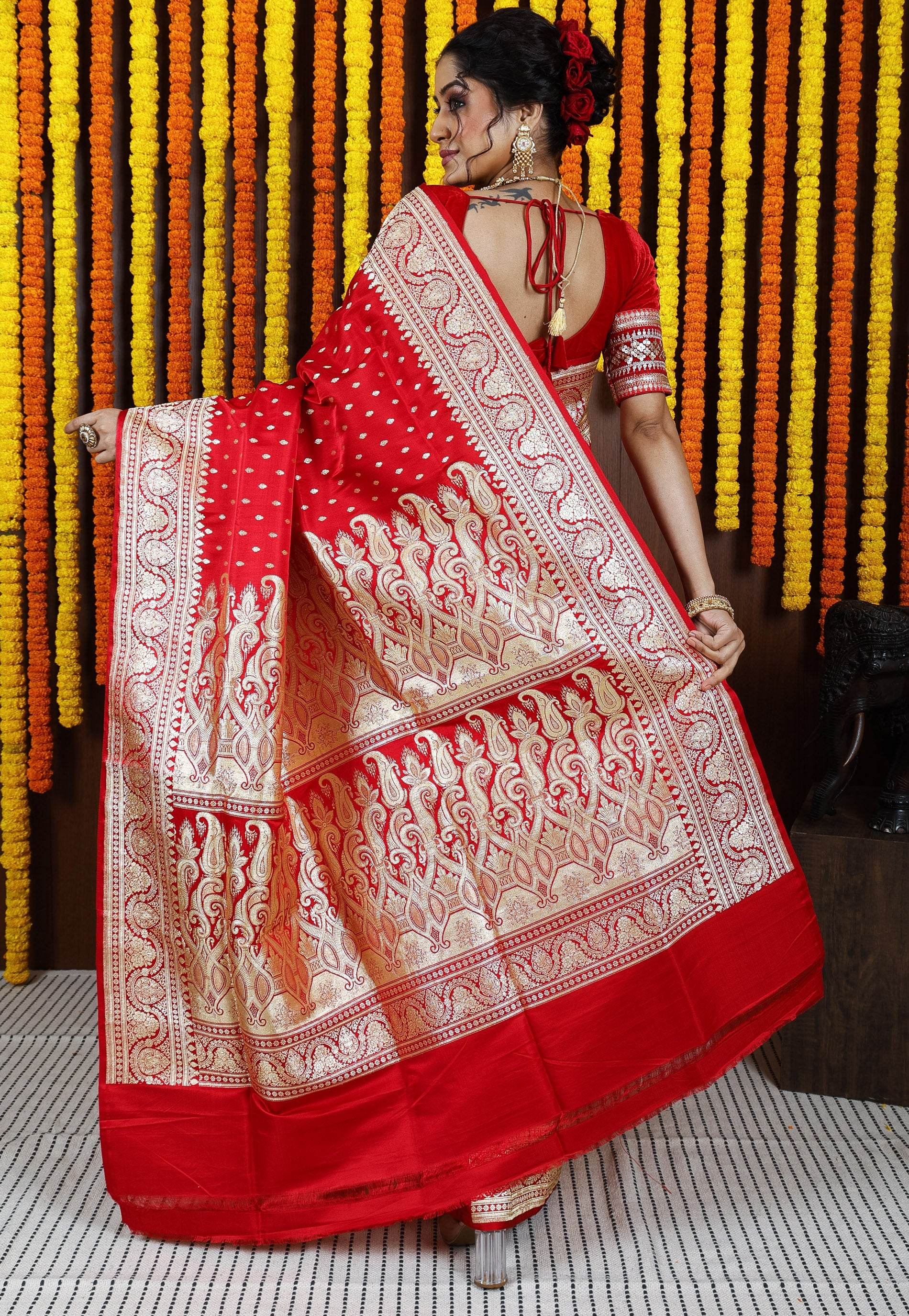 Red Wedding Banarasi Silk Saree with Blouse Piece - Adi Akshoy & Co.