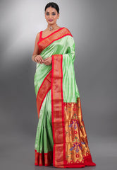 Parrot Green with Red Border Pure Paithani Silk Saree With Blouse Piece - Adi Akshoy & Co.