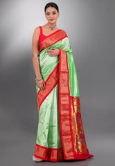 Parrot Green with Red Border Pure Paithani Silk Saree With Blouse Piece - Adi Akshoy & Co.