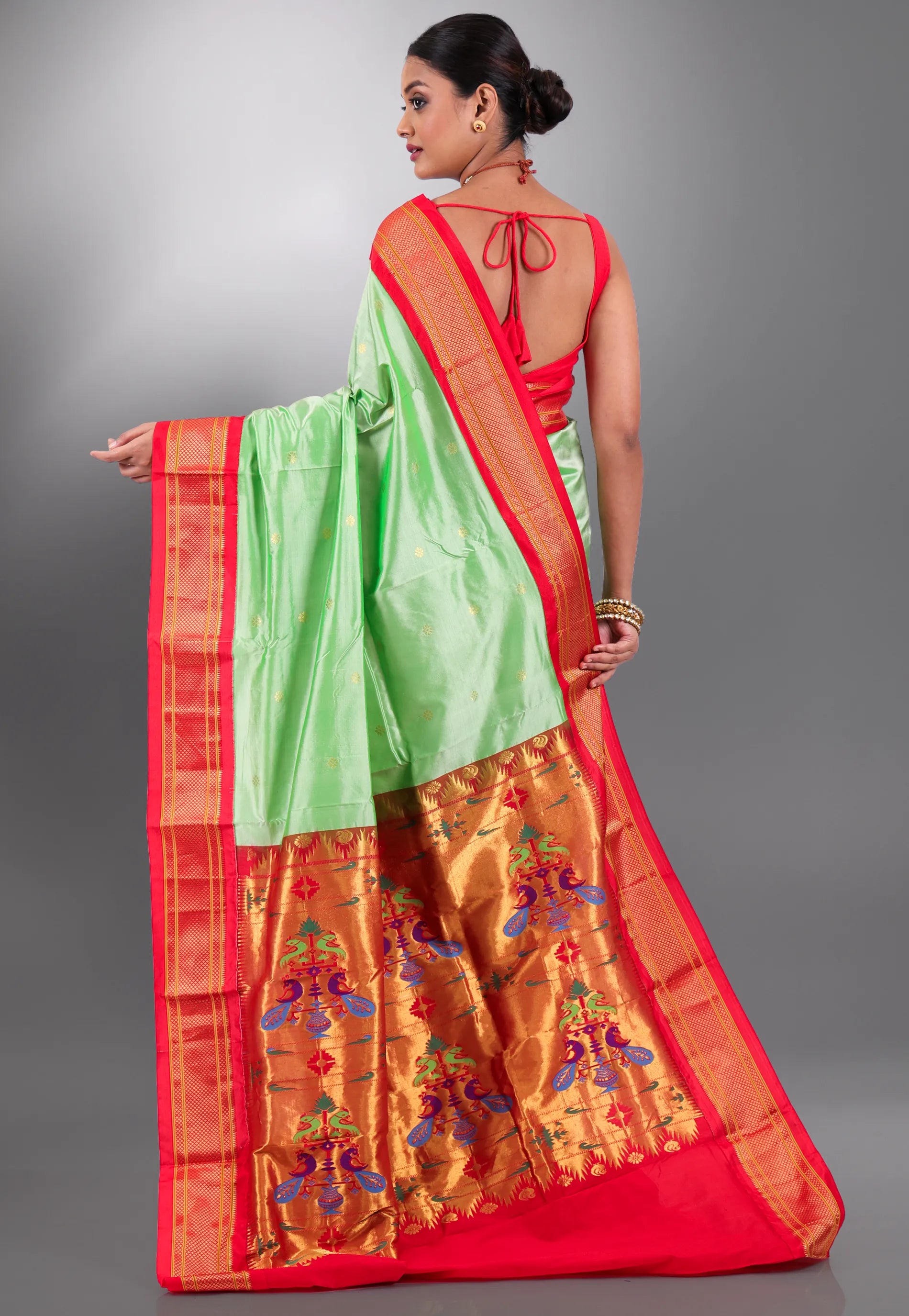 Parrot Green with Red Border Pure Paithani Silk Saree With Blouse Piece - Adi Akshoy & Co.