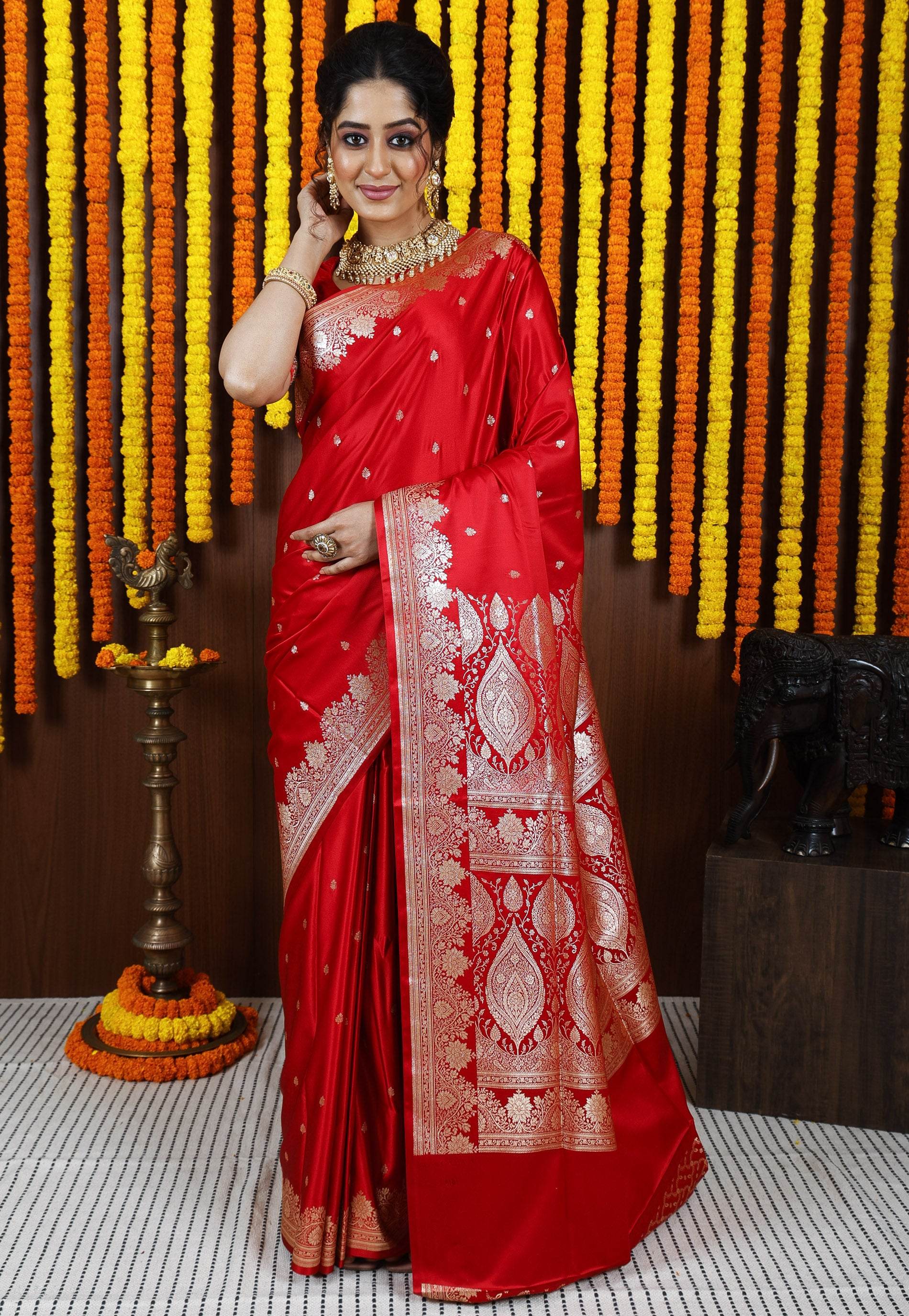 Red Wedding Banarasi Silk Saree with Blouse Piece - Adi Akshoy & Co.