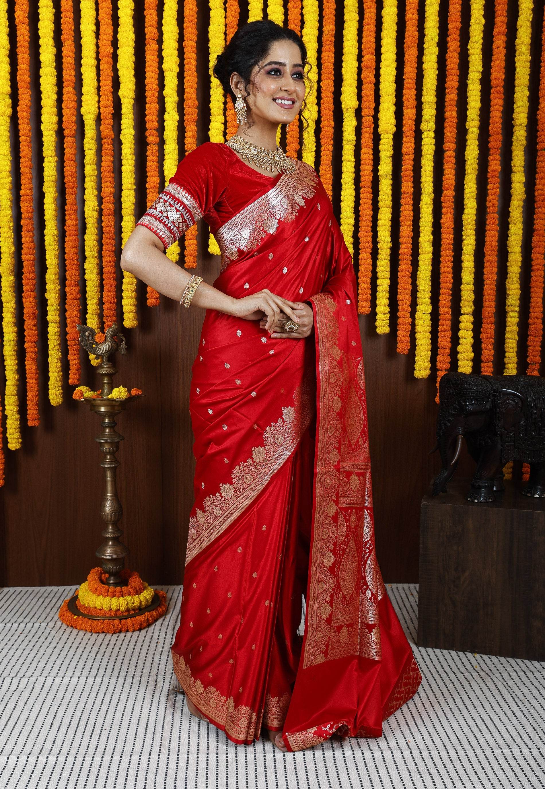 Red Wedding Banarasi Silk Saree with Blouse Piece - Adi Akshoy & Co.