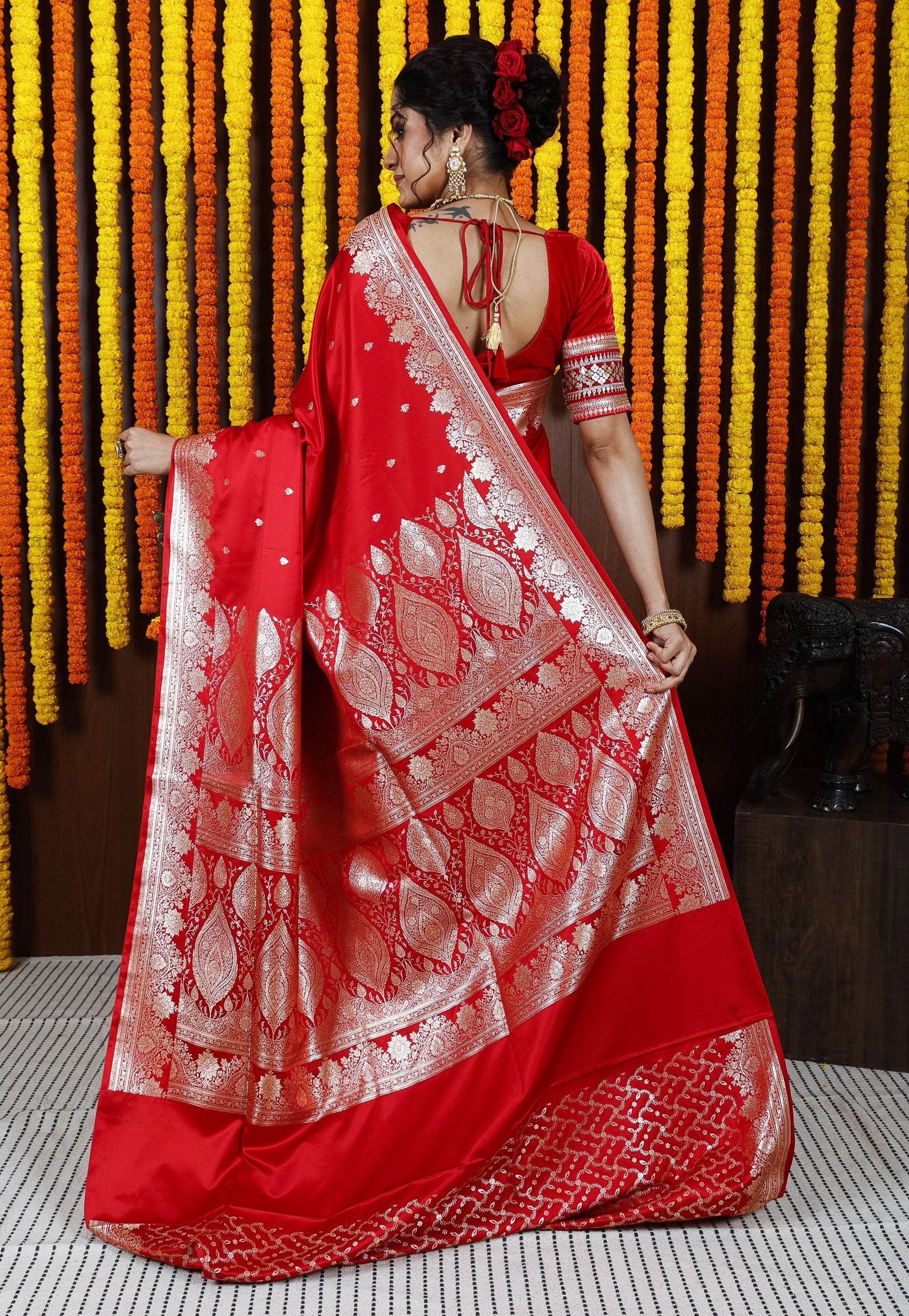 Red Wedding Banarasi Silk Saree with Blouse Piece - Adi Akshoy & Co.
