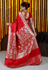 Red Wedding Banarasi Silk Saree with Blouse Piece - Adi Akshoy & Co.
