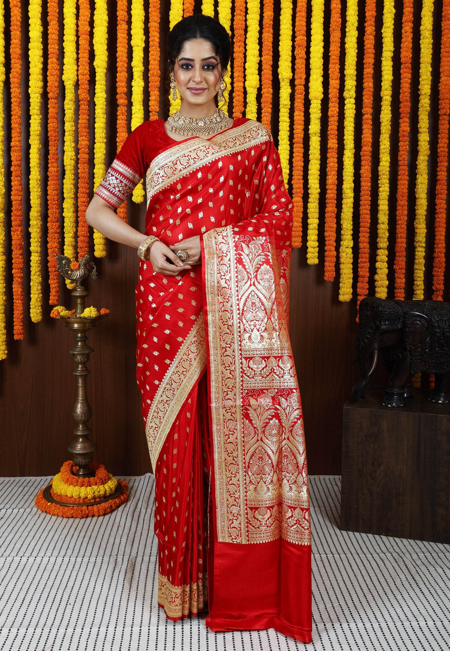 Red Wedding Banarasi Silk Saree with Blouse Piece - Adi Akshoy & Co.