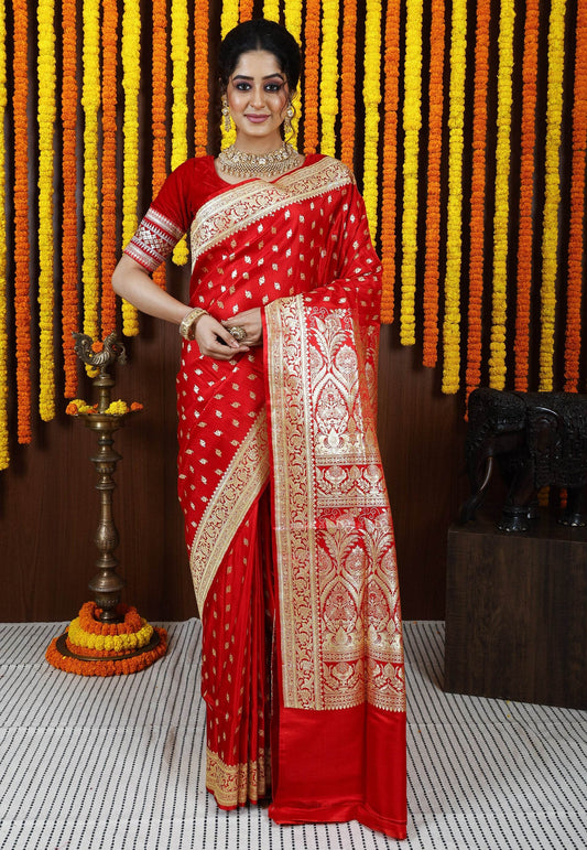 Red Wedding Banarasi Silk Saree with Blouse Piece - Adi Akshoy & Co.