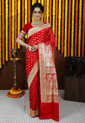 Red Wedding Banarasi Silk Saree with Blouse Piece - Adi Akshoy & Co.