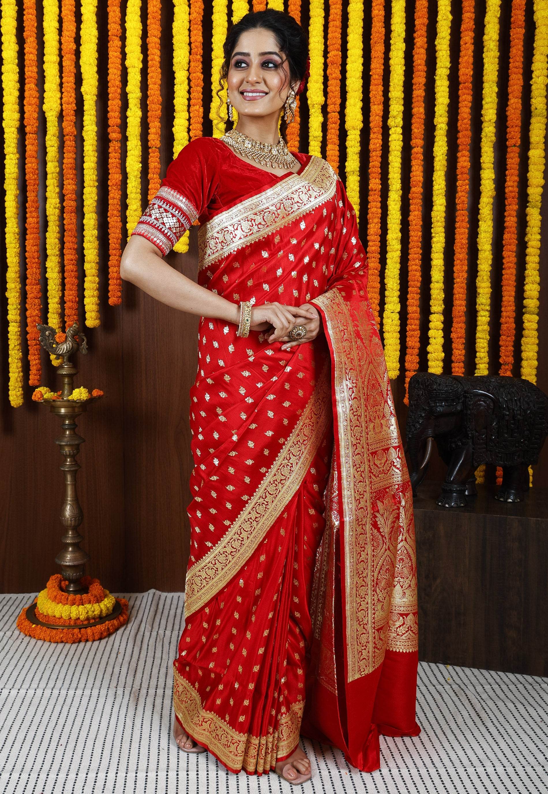 Red Wedding Banarasi Silk Saree with Blouse Piece - Adi Akshoy & Co.