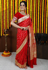 Red Wedding Banarasi Silk Saree with Blouse Piece - Adi Akshoy & Co.