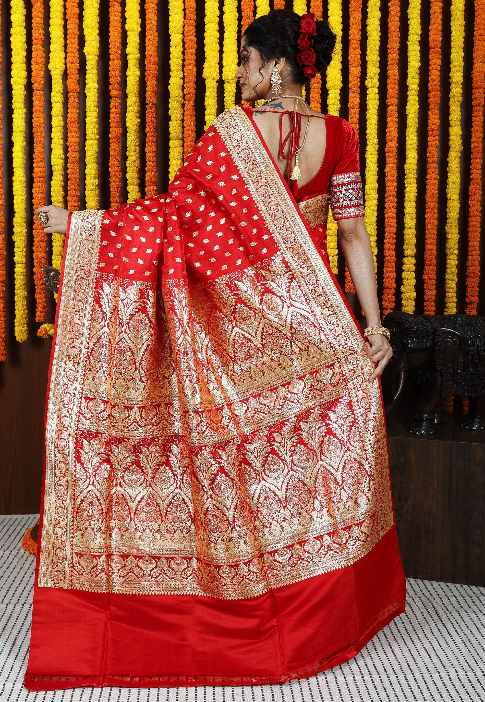 Red Wedding Banarasi Silk Saree with Blouse Piece - Adi Akshoy & Co.