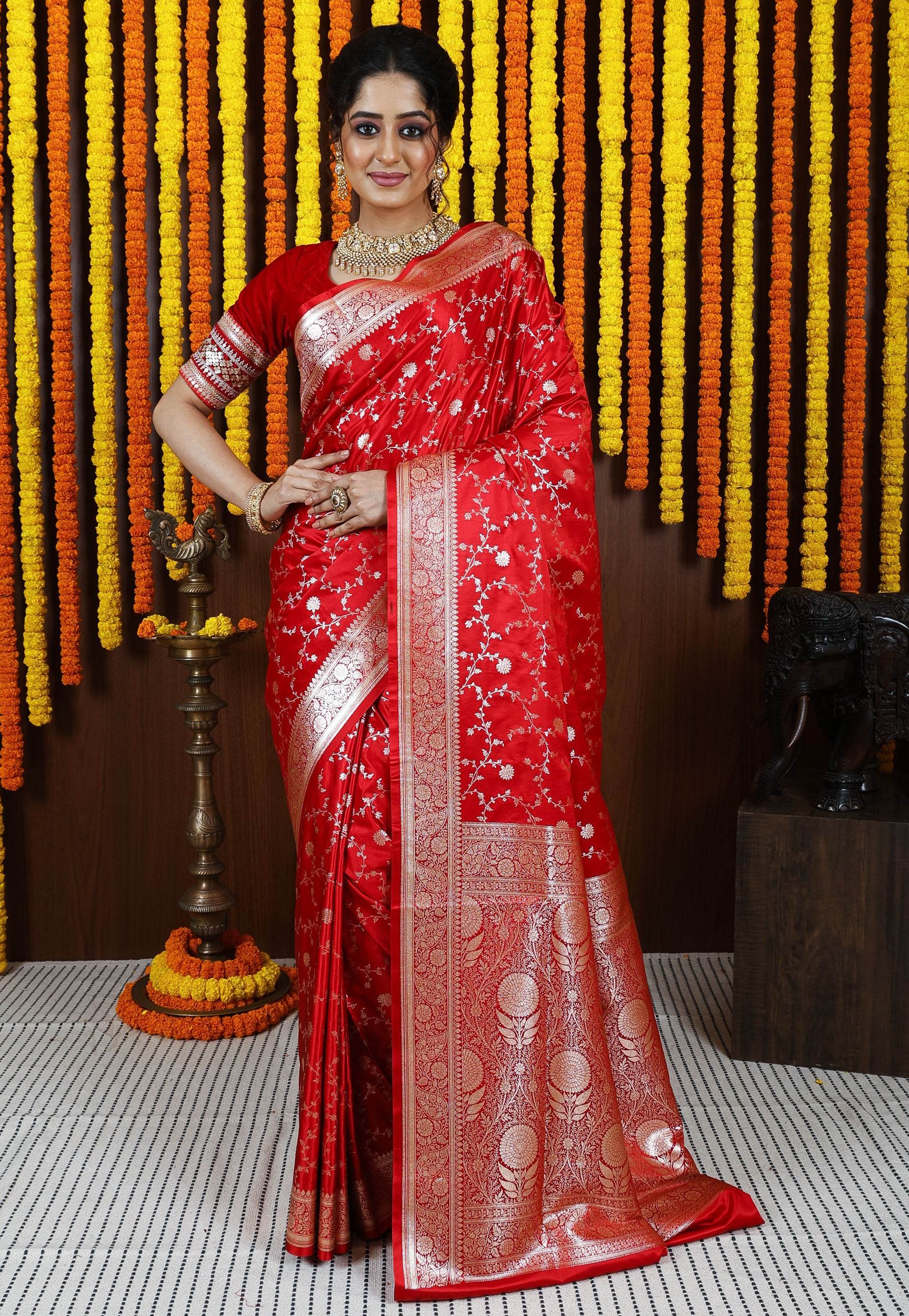 Red Wedding Banarasi Silk Saree with Blouse Piece - Adi Akshoy & Co.