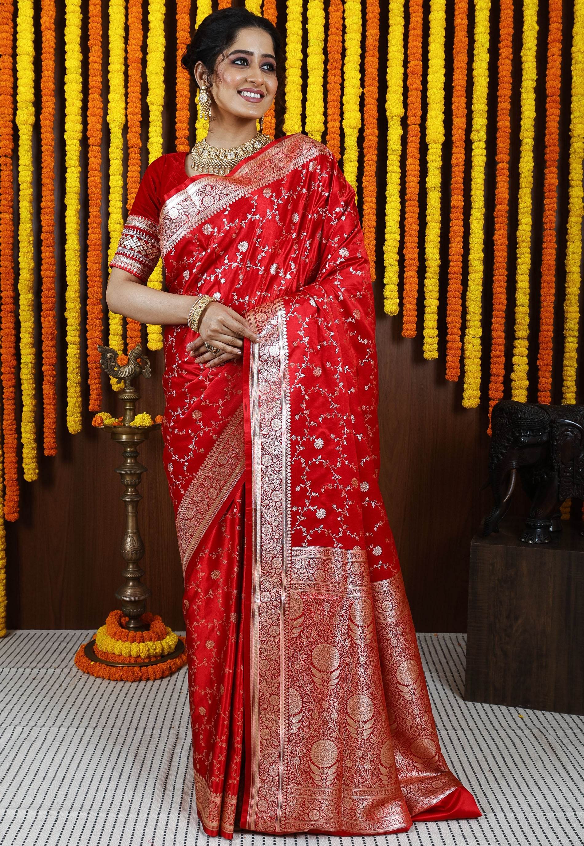 Red Wedding Banarasi Silk Saree with Blouse Piece - Adi Akshoy & Co.