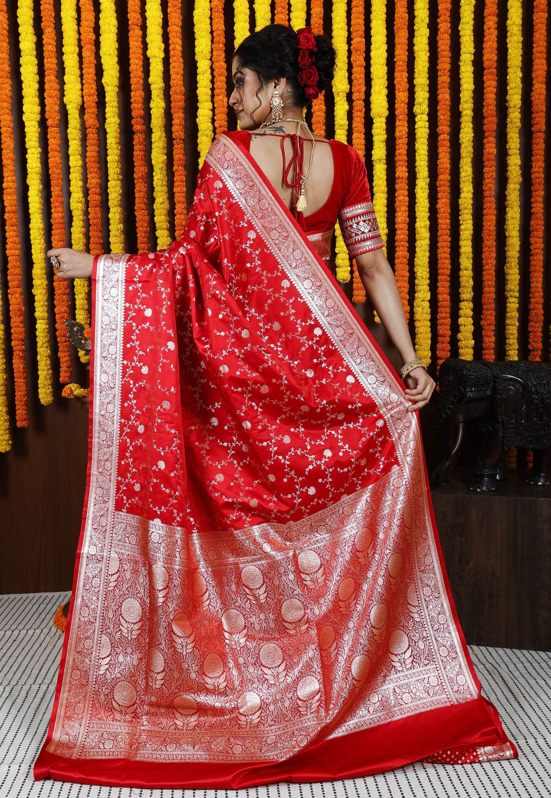 Red Wedding Banarasi Silk Saree with Blouse Piece - Adi Akshoy & Co.