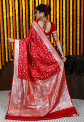 Red Wedding Banarasi Silk Saree with Blouse Piece - Adi Akshoy & Co.