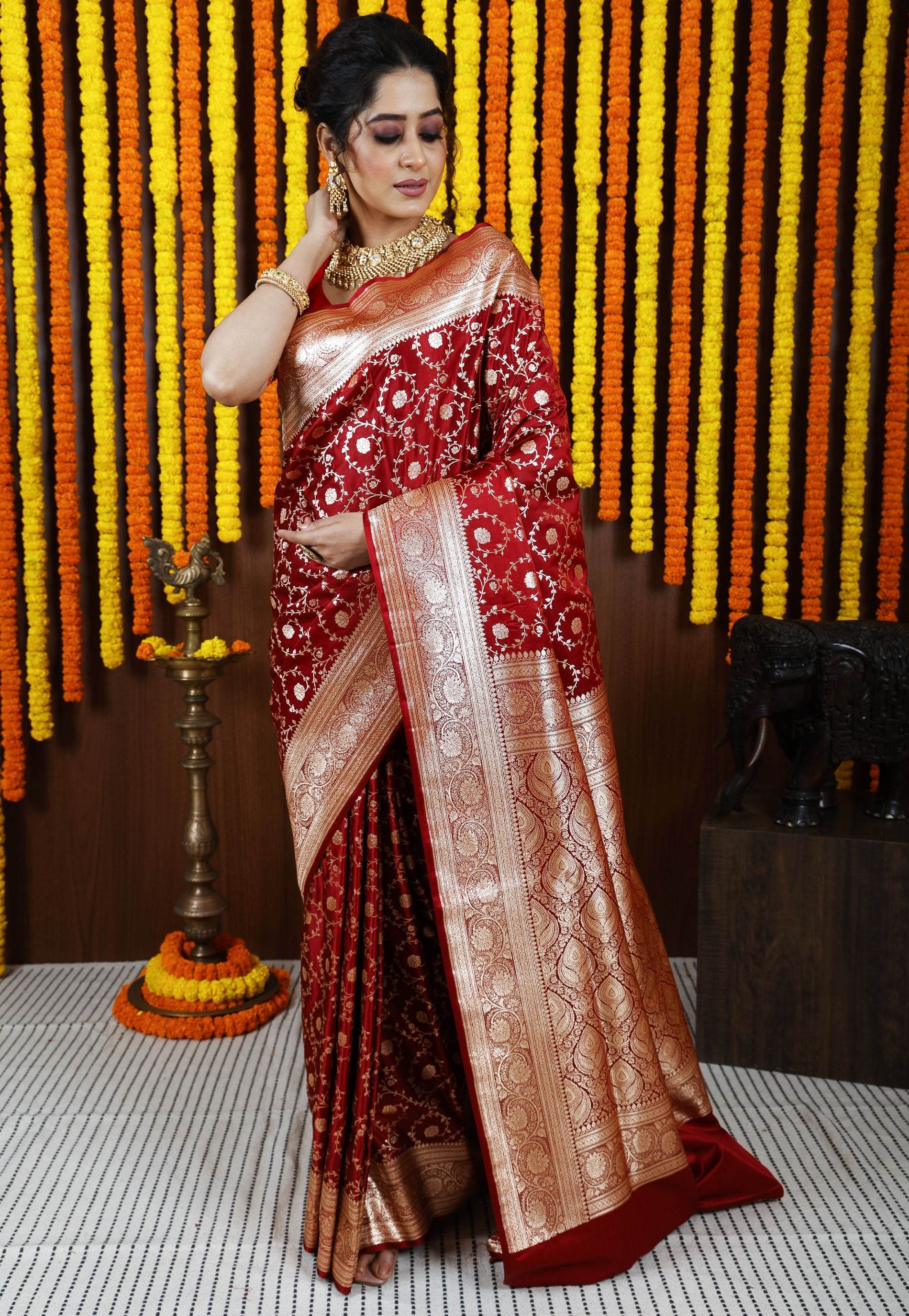Maroon Wedding Banarasi Silk Saree with Blouse Piece - Adi Akshoy & Co.