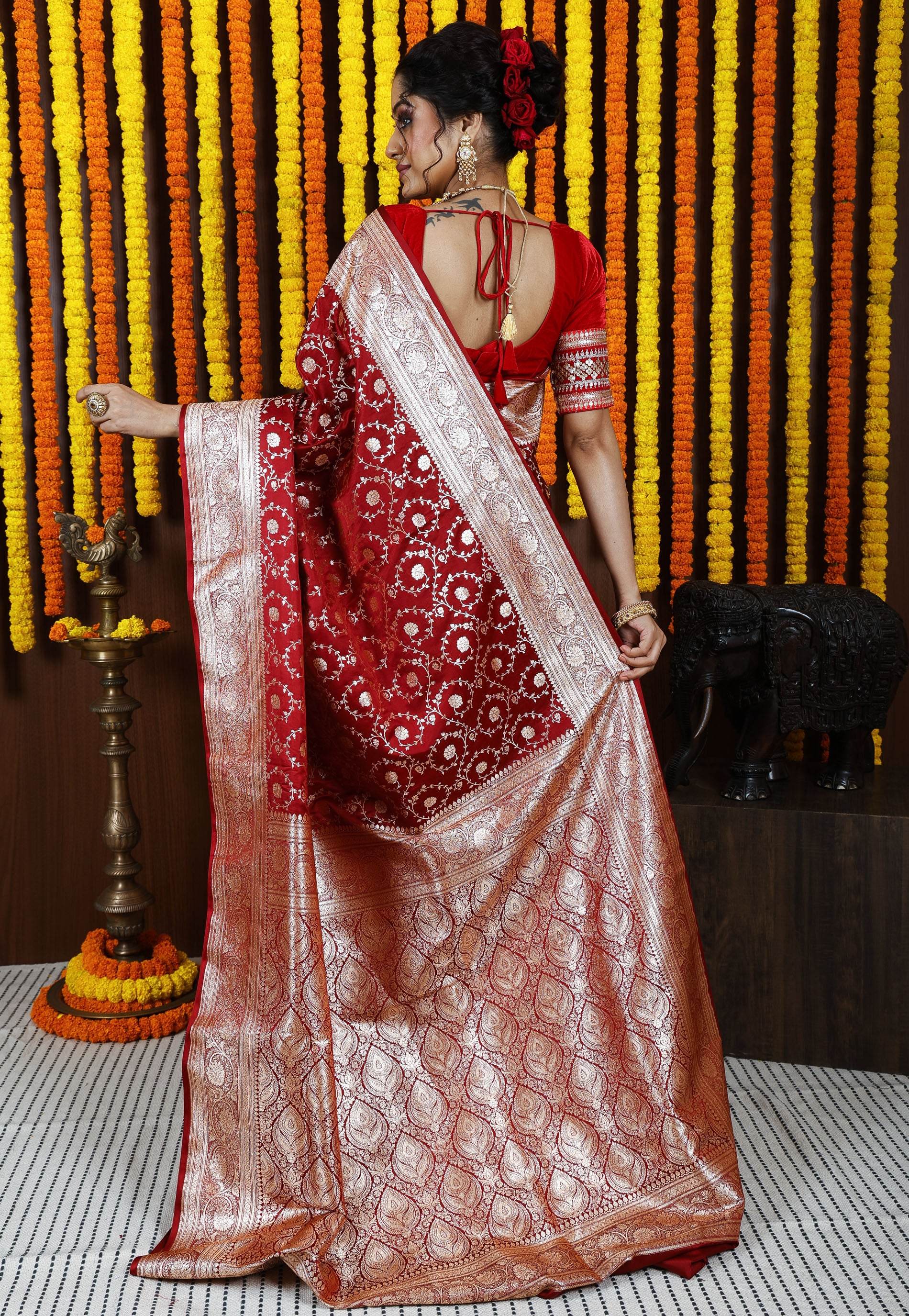 Maroon Wedding Banarasi Silk Saree with Blouse Piece - Adi Akshoy & Co.